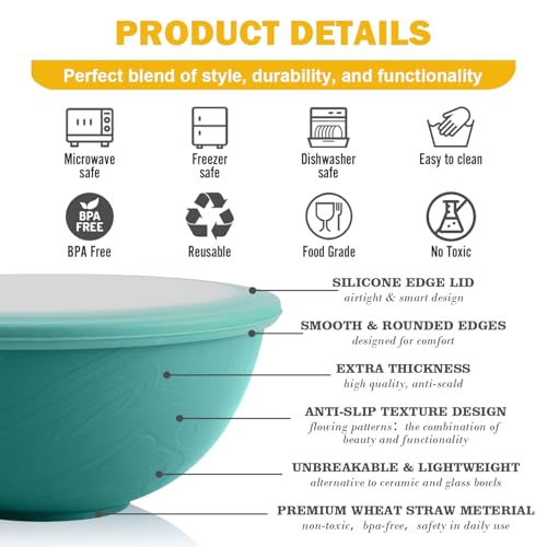 40 OZ Wheat Straw Bowls with Lids Set, 4 PCS Unbreakable Salad Bowls with Lid, Alternative Plastic Food Containers with Lids for Lunch, Microwave & Dishwasher Safe Kitchen Bowl Set, Green - color: Green, size: 40 Oz With Lid