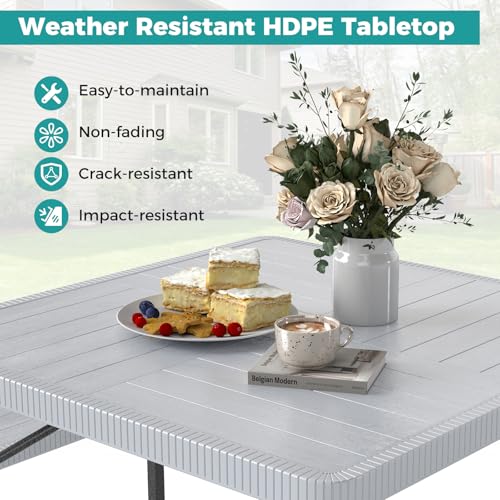 Byroce Outdoor Picnic Table for 4-8 Person, HDPE Picnic Camping Table Set with 4 Benches, Umbrella Hole & Metal Frame, Heavy Duty Square Dining Table Chairs for BBQ in Patio, Yard & Poolside (Gray) - color: Grey