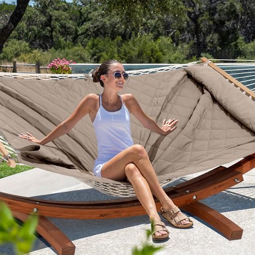 ANOW 13.5FT Curved Wooden Stand with Rope Hammock, Heavy Duty Larch Wood Arc Stand with 2 Chains, 4 Balance Ropes and 4 Carabiners, Includes Light Brown Hammock with Spreader Bars - color: Light Brown