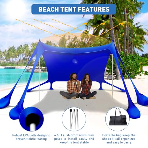 Beach Tent Sun Shelter 10x10ft Beach Canopy Easy Pop Up Sun Shade Portable UPF50+ with 8 Sandbags-2 Sand Shovel-4 Aluminum Poles-Ground Pegs for Outdoor Family Camping Fishing Backyard Picnic - color: Navy, size: 10x10 FT 4 Pole