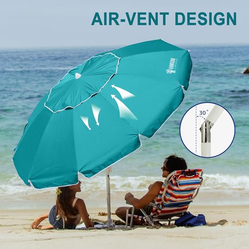 AMMSUN 8 Feet Large Beach Umbrella with Sand Anchor Heavy Duty High Wind Portable Outdoor Umbrellas UV 50+ Protection Air Vent Tilt Patio Garden Pool - color: Teal