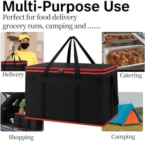 Bodaon XXXL Insulated Food Delivery Bag with Hard Bottom & 6-Cup Drink Carrier, Professional Pizza Delivery Bag for Commercial Catering, Thermal Frozen Grocery Bags, Heavy-Duty Hot Cold Carrier - color: Black-red Bag with Drink Carrier, size: 23" x 14" x