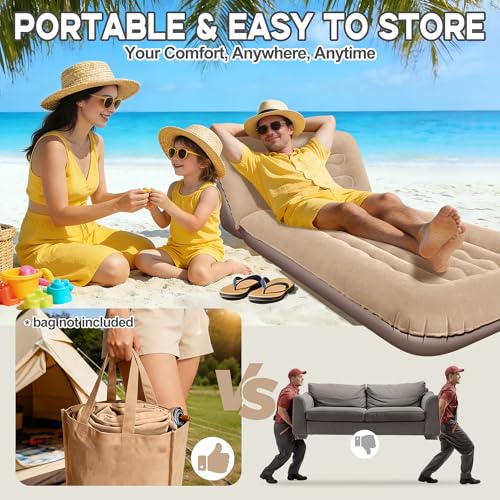Luxfero Inflatable Couch for Camping, Air Mattress with Adjustable Backrest, Blow Up Couch for Adults with Flocked Surface, Portable Inflatable Lounge Chair, Air Sofa Bed for Indoor/Outdoor-No Pump