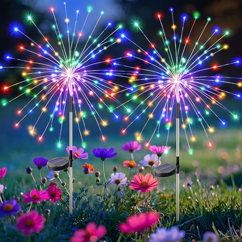 btfarm 2 Pack Solar Garden Lights Outdoor 8 Modes, 120 LED Firework Lights Solar Powered, Waterproof Twinkle Fairy Light Outside for Yard Pathway Lawn Pool Patio Christmas Decorative, Multicolor - color: Coloured, size: 2 Pack