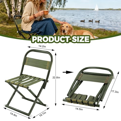 Portable Camping Chair, Full Steel Frame Folding Stool with Back, 400LBS Capacity Military Green Outdoor Chair for Adults, Heavy-Duty Webbing Seat, Compact Foldable Design for Hunting, Fishing, Hiking