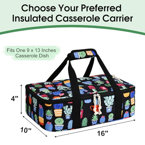 Corduroy Casserole Carrier, Insulated Lasagna Lugger for Hot/Cold Food, Fits 9" x 13" Baking Dish, Thermal Lunch Tote for Potluck & Picnic - Corduroy Cactus - color: Corduroy Cactus, size: 16x10x4 in