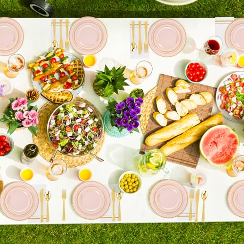 GATHER 700PCS Pink Plastic Plates - Gold Rim Disposable Plastic Dinnerware Set Include 200 Pink Plates, 300 Silverware, 100 Napkins, 100 Cups for Party & Wedding & Mother's Day - color: Pink, size: 100 Guests