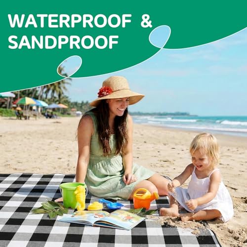 Waterproof Picnic Blanket Outdoor Camping Beach Mat Extra Large Foldable Car Essential Roadtrip Gadget Rv Accessories Glamping Tent Gear Must Haves Hiking Stuff Backpacking Necessities Gift - color: Plaid Black
