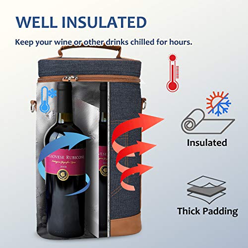Tirrinia 2 Bottle Wine Gift Tote Carrier - Leakproof & Insulated Padded Versatile Wine Cooler Bag for Travel, BYOB Restaurant, Wine Tasting, Party, Dinner, Gift for Wine Lovers, Dark Blue - color: Blue, size: 2 Bottle-without front pocket