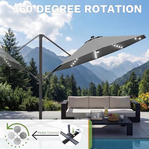 Patiowell 10 FT Patio Umbrella with Solar LED Light, Outdoor Cantilever Umbrella with 360 Degree Rotation, Outside Large Round Sun Umbrella with Frame for Backyard Garden Poolside, Gray - color: Gray with Light, size: 10 FT
