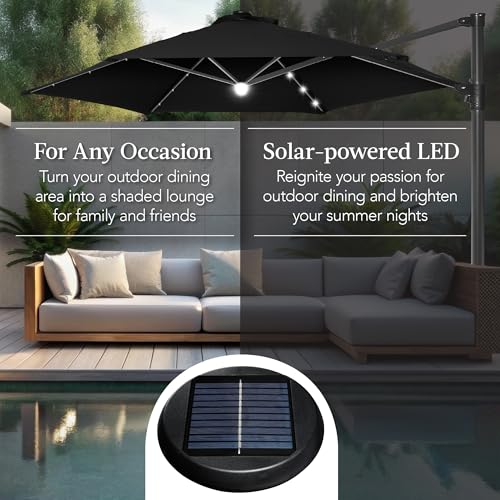 Best Choice Products 10ft Solar LED Offset Cantilever Hanging Market Patio Umbrella, Smooth 360° Rotation, 8 Sturdy Ribs, Easy Adjustment - Black - color: Black, size: Offset w/ 360° Rotation
