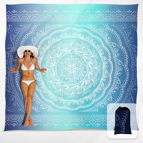 Sunlit Silky Soft Sand Proof Beach Blanket 106"x81" / 85"x72" Sand Proof Mat with Corner Pockets and Mesh Bag for Beach Party, Travel, Camping and Outdoor Music Festival, Mandala - color: Ombre Blue, size: 120"x108"