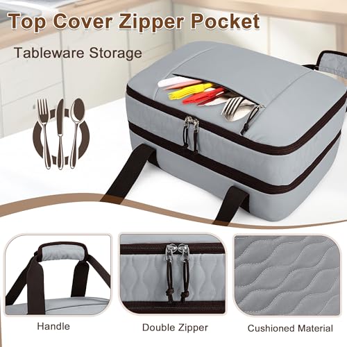 Trunab Insulated Casserole Carrier for Hot or Cold Food, Double Thermal Food Containers, Fit 9x13 Inches Baking Dish Foil Pans, For Picnic Cookouts, Potluck Parties, Beach,Beige (Grey) - color: Gray