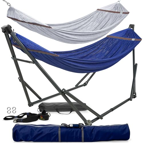 Tranquillo Combo x2 Hammocks with Stand for Outside & Tree Straps, Heavy Duty Hammock with Stand 600lbs for Indoor Outdoor Patio Backyard, x2 Hammocks for 2 Person (Combo - Blue, Medium) - color: Combo - Blue
