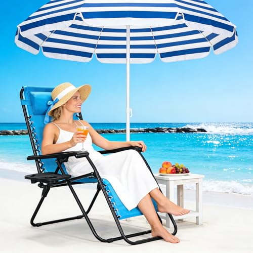 Zero Gravity Chairs Set of 2, Adjustable Lounge Chair Outdoor Recliner, Folding Reclining Lawn Chair, Anti Gravity Chair with Pillow & Cup Holder for Pool Camping Sunbathing Beach Patio (Sky Blue) - color: Sky Blue, size: 2pcs