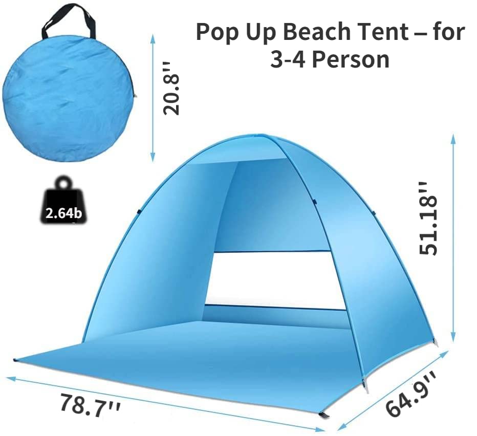 Pop Up Beach Tent – for 3-4 Person UPF 50+ UV Sun Protection Beach Shade Pop Up Sun Shelter with Carry Bag and Tent Stakes for Beach, Park, Camping (X-Large) - size: X-Large