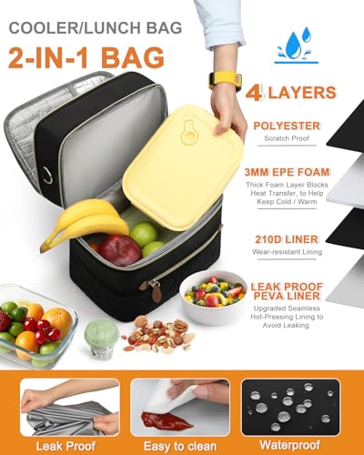 Capolo Lunch Box for Women Men Adults,Double Deck Insulated Lunch Bag Leakproof Lunch Cooler Box with Removable Strap Lunch Tote Bags Reusable Thermal Lunchbox for School Work Picnic(Large,Black) - color: Black, size: Large