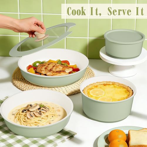 Umite Chef Non Stick Pots and Pans Set, 21 Pcs Ceramic Kitchen Cookware Set with Detachable Handle, Nonstick Healthy Induction Cookware, Dishwasher RV Cookware Set, Oven Safe, Stackable, Sage Green - color: Saga Green