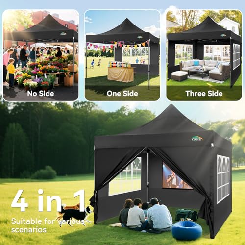 COBIZI 10x10 Heavy Duty Pop Up Canopy Tent with 4 Sidewalls Thicken Frame, Commercial Easy Up Outdoor Wedding Party Tents, All Season Waterproof Windproof with Stakes Sandbags Ropes Roller Bag, Black - color: Black, size: 10x10
