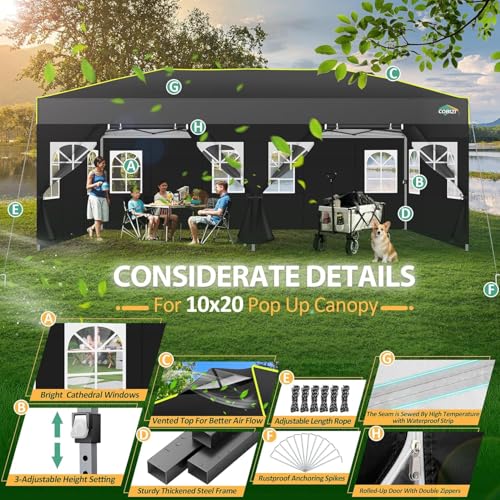 COBIZI 10x20 Pop Up Canopy with 6 Sidewalls One Push Setup Outdoor Event Shelter Waterproof UPF 50+ Gazebo Tent with Carry Bag,Air Vent,Sandbag for Wedding, Commercial, Party,Black - color: Black(1-year warranty), size: 10x20ft With 6 Sidewalls