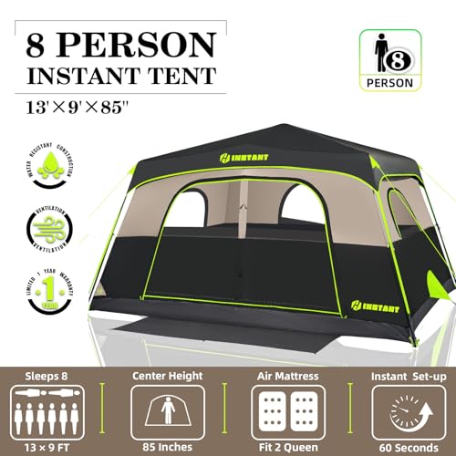 4/6/8/10 Person Instant Tent, Waterproof Pop Up Tents for Camping with Rainfly, 60 Seconds Easy Setup, Automatic Cabin Tent for Family Camping with Expandable Carry Bag & Upgraded Ventilation - color: Black, size: 8 Person