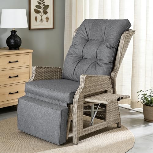 Outdoor Recliner with Adjustable Back and Footrest, Patio Recliner with Flip Table Wicker Reclining Lounge Chair, Grey with Beige Wicker - color: Grey With Beige Wicker, size: 1PCS