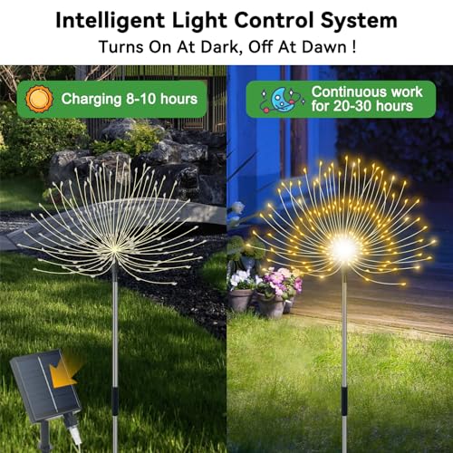 Slyuexu Solar Garden Lights Outdoor Waterproof, 4 Pack Total 480 LED Solar Firework Lights Decorative with 8 Lighting Modes Outside for Yard Pathway Flowerbed Decor, Warm White - color: Warm White, size: 4 Pack