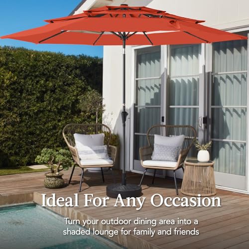 Best Choice Products 10ft 3-Tier Market Patio Umbrella, Outdoor Sun Shade with Tilt, Crank Lift, 8 Ribs for Backyard, Deck, Poolside - color: Rust