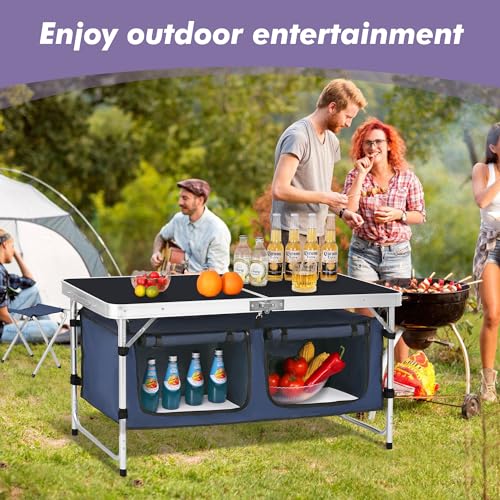 Camp Field Camping Folding Aluminum Table with Adjustable Legs for Outdoor Travel Beach, Backyards, BBQ, Party and Picnic Foldable Table - color: Blackbig