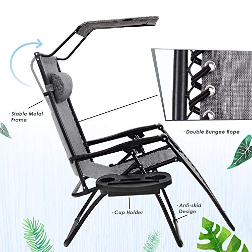 Homall Zero Gravity Chair Patio Lawn Chair Lounge Chair Folding Recliner Adjustable Outdoor with Canopy Shade,Cup Holder (Grey) - color: Grey