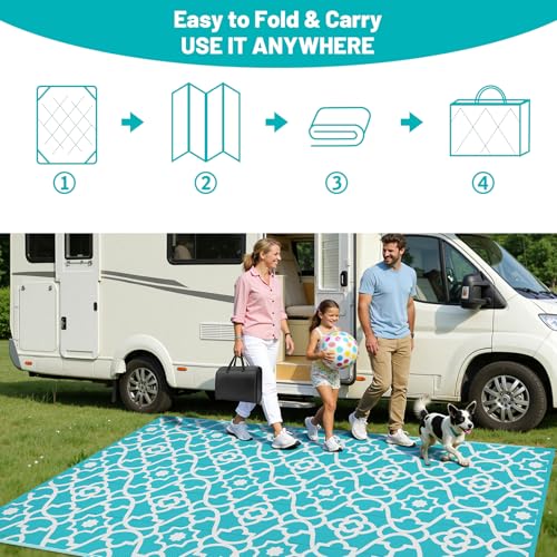 HEBE Outdoor Rug Waterproof 9x12, Plastic Straw Rug Camping Rug, Reversible Outdoor Patio Rugs RV Mat Clearance, Indoor Outside Floor Carpet for Porch,Deck,Camper,Balcony,Backyard - color: Teal, size: 9' x 12' (Rectangular)