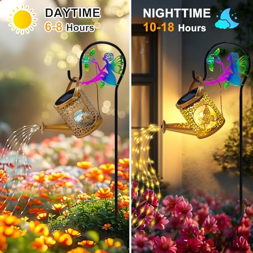 Solar Lights Garden Decorative, Solar Watering Can with Cascading Lights, Waterproof Metal Lantern with Fairy Shepherd Hook, Outdoor Decor for Yard, Patio, Gifts for Mother's Day, Women Mom - color: Fairy Set, size: 1 Pack