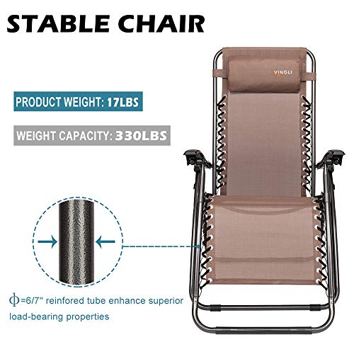VINGLI Upgraded Zero Gravity Chair Set of 2 Lounge Outdoor Chairs with Trays and Pillows, Folding Patio Recliner Chairs for Backyard Poolside Garden - color: Brown