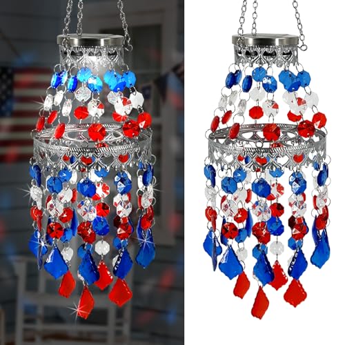 4th of July Decorations Outdoor,Patriotic Hanging Solar Lanterns Outdoor Chandelier,2 Tier Acrylic Crystal Wind Chimes for Outside,Paito,Porch,Yard - color: 4th of July