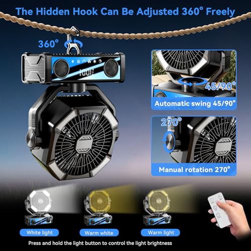 Portable fan rechargeable with 5.3 Bluetooth Speaker, 25000mAh Camping Fan with 5 Speed Touch Control & 3-Mode LED Light, Remote, USB/Type-C Ports, 1-8H Timer for Party, Travel, BBQ, Indoor, Outages - color: Black