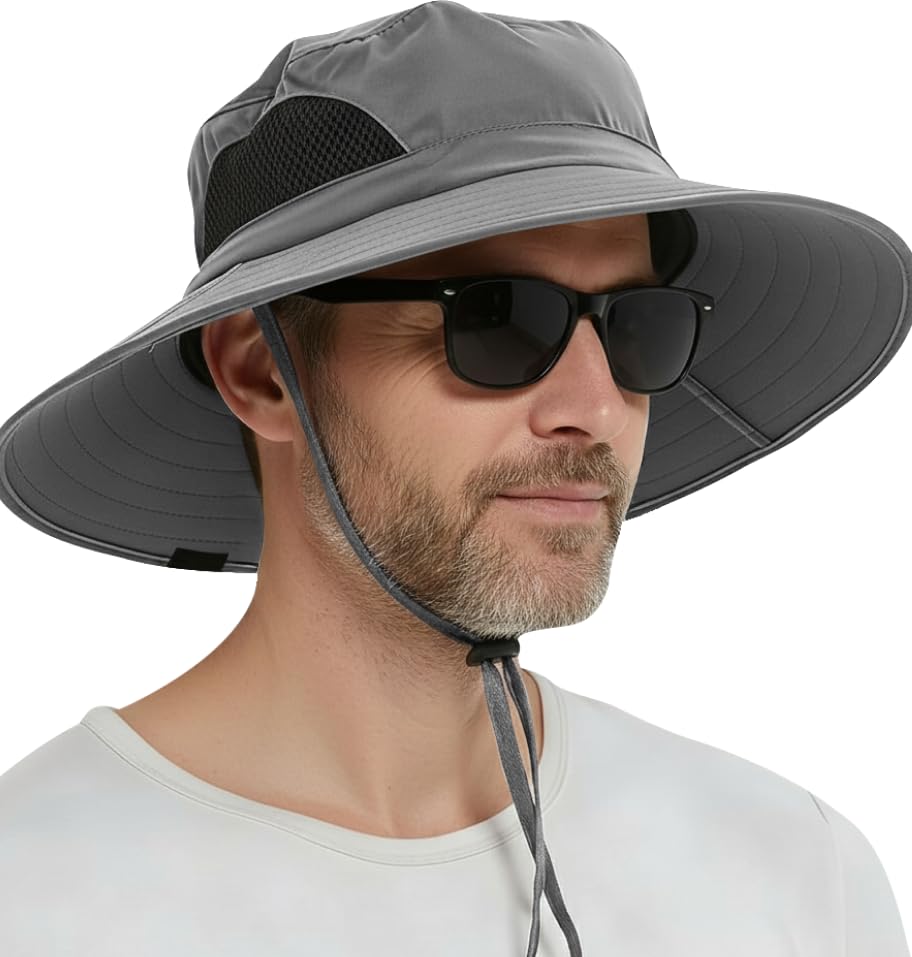 GearTOP Wide Brim Sun Hat for Men & Women, UPF 50+ Fishing Hat with Detachable Neck Flap & Face Cover Gardening Boonie Sunhat - color: Light Gray No Flaps
