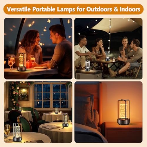 Portable Table Lamp for Outdoor Indoor: Cordless Rechargeable Desk Lamp with 3 Color Stepless Dimmable - Metal Battery Operated Lantern Light for Bedroom/Bar/Coffee Shop/Camping (Black (Bubble)) - color: Black (Bubble)