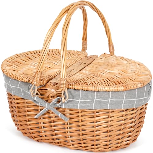 Happypicnic Wicker Picnic Basket with Handle, 15" Large Empty Picnic Basket with Lid & Removable Liner, Vintage Hand Woven Basket for Picnics, Camping, Veg Picking, Mother's Day, Thanksgiving (Check) - color: Grey Check, size: Large