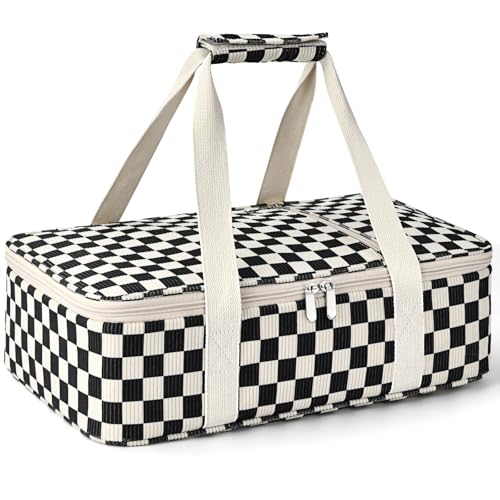 Insulated Casserole Carrier for Hot or Cold Food,Pie Carrier Bag Lunch Bag Tote for Potluck Parties/Picnic/Cookouts, Fits 9"x13" Baking Dish,Single Corduroy Black Checkered Pattern - color: Corduroy black checkered pattern, size: Single Layer