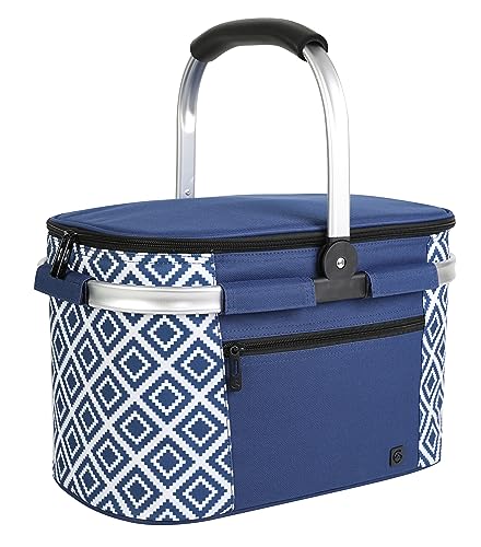 ALLCAMP Picnic Basket - Insulated Cooler, Thickening Foldable Picnic Basket with Removable Baskets & Sewn-in Frame, Basket for House Warming Gifts New Home(Rectangle Blue White) - color: Rectangle Blue White, size: Medium