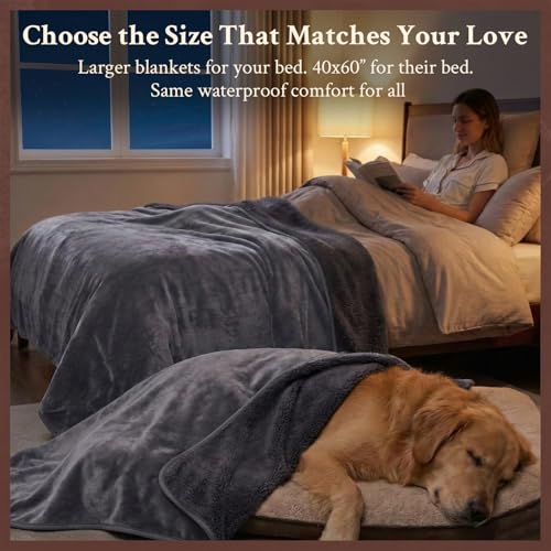 Waterproof Blanket for Couch, Sofa, Pets- Plush Water Proof Throw Blanket to Protect Furniture, Stain Resistant, Leak-Proof, Double-Sided, Reversible Flannel & Sherpa Fleece, Grey, 40"x60" - color: Grey, size: Throw (40"x60")