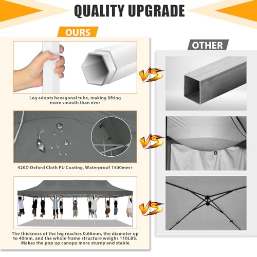 HOTEEL 10x30 Heavy Duty Pop Up Canopy Tent for Parties Event Wedding Commercial Instant Canopy with Wheeled Bag, Party Tent Waterproof UV 50+&Windproof, Upgraded Thick Hexagonal Legs, Gray - color: Gray, size: 10x30FT (No Walls)