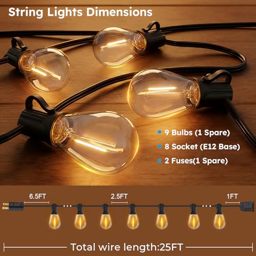 GvvooHome LED Outdoor String Lights, 25FT Waterproof Patio Lights with 9 Shatterproof S11 Plastic Bulbs, 2700K Warm White Edison Hanging Lights for Backyard, Garden, Porch, Bistro - size: 25FT