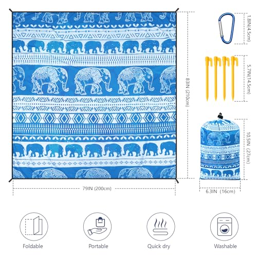 HIHOHO Beach Blanket Waterproof Sandproof Beach Mat for 1-8 Adults Quick Drying Durable Outdoor Picnic Mat for Beach Festival Travel Camping Hiking (Elephant-GC BL, 79"×83"(4 Person)) - color: Elephant-gc Bl, size: 6'11" x 6'7"