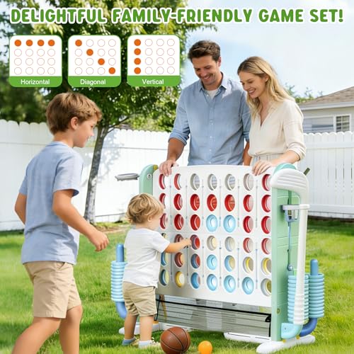 Wdmiya Giant 4 Outdoor Game Set, 4-in-1 Height Adjustable Jumbo 4-in-a-Row Game with Ring Toss, Basketball Hoop & Golf, Backyard Games for Kids & Adults, Includes Mesh Pocket (Upgrade Green) - color: Upgrade Green
