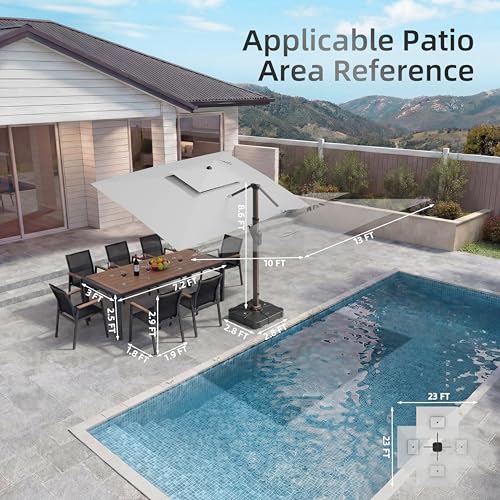10 X 13 FT Cantilever Patio Umbrella with Base Included & Led Lights Outdoor Rectangle Offset Large Double Top Heavy Duty Umbrellas 360°Rotation for Pool Deck Backyard,Fog Gray - color: Fog Gray, size: 10×13 FT with Base