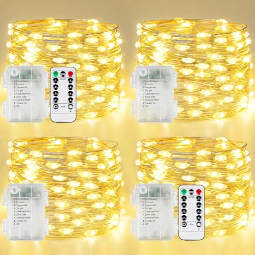 4 Pack Fairy Lights Battery Operated with Remote, 120LED 40FT Twinkle Lights Waterproof Outdoor Indoor Decor, 8 Modes Battery String Light Timer for Christmas Party Wedding Home DIY Décor(Warm White) - color: Warm White, size: 4 Pack 120led