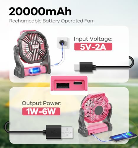 DOWILLDO 30000mAh Portable Battery Powered Camping Fan - with LED Light, Quiet Battery Operated, Camping Gear for Travel, Tent, Beach, Car or Hurricane Power Outages, Pink - color: Pink, size: 30000mAh