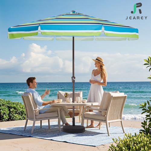 JEAREY 9 FT Patio Umbrella Outdoor, Table Umbrellas Market Umbrella w/Push Button Tilt/Crank, 8 Sturdy Ribs(Blue Green Striped) - color: Blue Green Striped