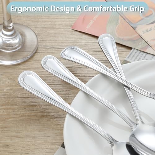 24 PCS Spoons and Forks Set, Food Grade Stainless Steel with Pearl Dot Design Handle Silverware Set, Mirror Polished Dishwasher Safe, Silverware Forks and Spoons for Home or Restaurant - color: Metallic Silver